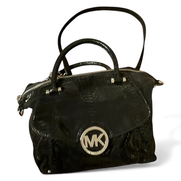 Michael Kors Chain Snake Embossed Leather Shoulder Bag/Cross Body Jet Set BlacK - Picture 2 of 15